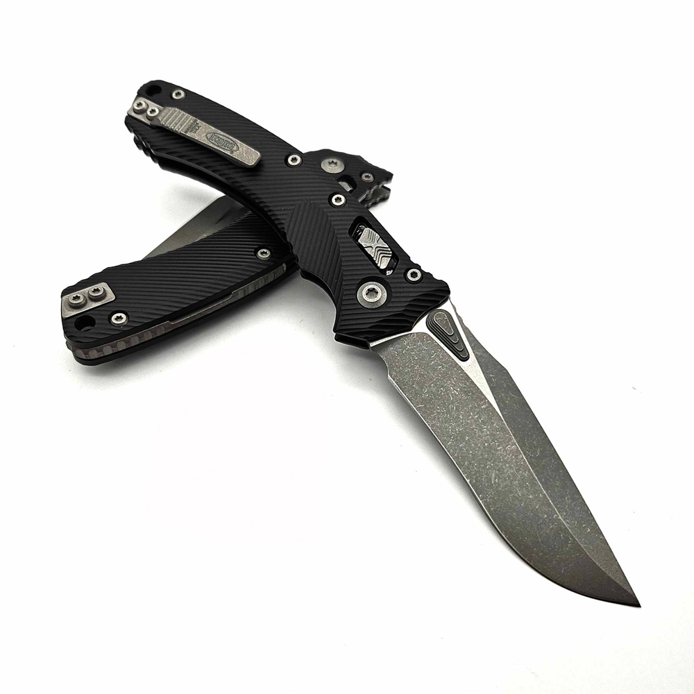 Microtech Amphibian RAM-LOK Manual Folding Bohler M390MK Apocalyptic Clip Point Plain Black Fluted Aluminum Handles 137RL-10APFL 6
