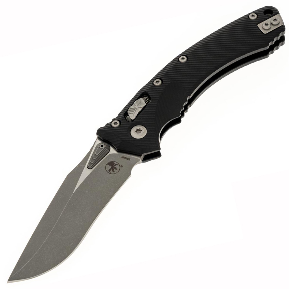 Microtech Amphibian RAM-LOK Manual Folding Bohler M390MK Apocalyptic Clip Point Plain Black Fluted Aluminum Handles 137RL-10APFL 1