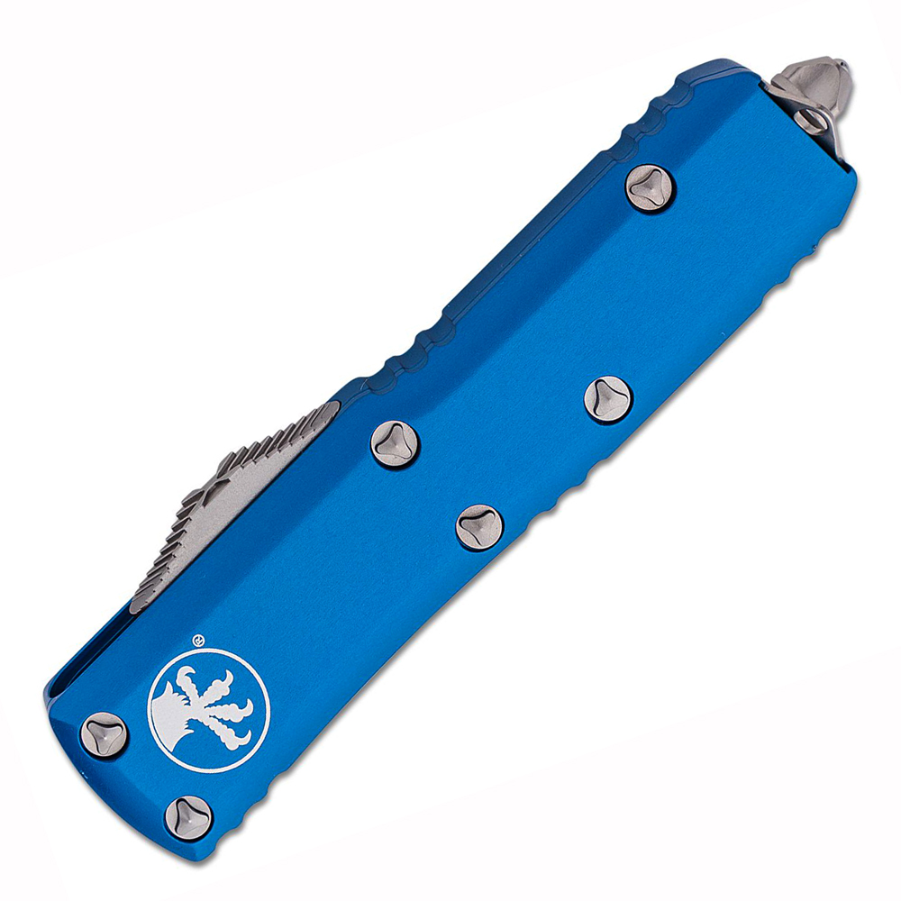 Microtech UTX-85 AUTO OTF Satin Double Edge Dagger Blue Aluminum Handles 232-4BL 4