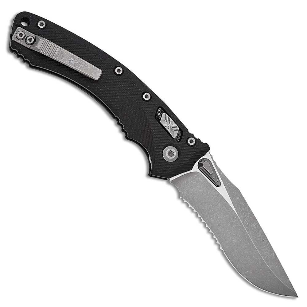 Microtech Amphibian RAM-LOK Manual Bohler M390MK Apocalyptic Clip Point Combo Black Fluted G10 AXIS/Crossbar Lock 137RL-11APFLGTBK 2