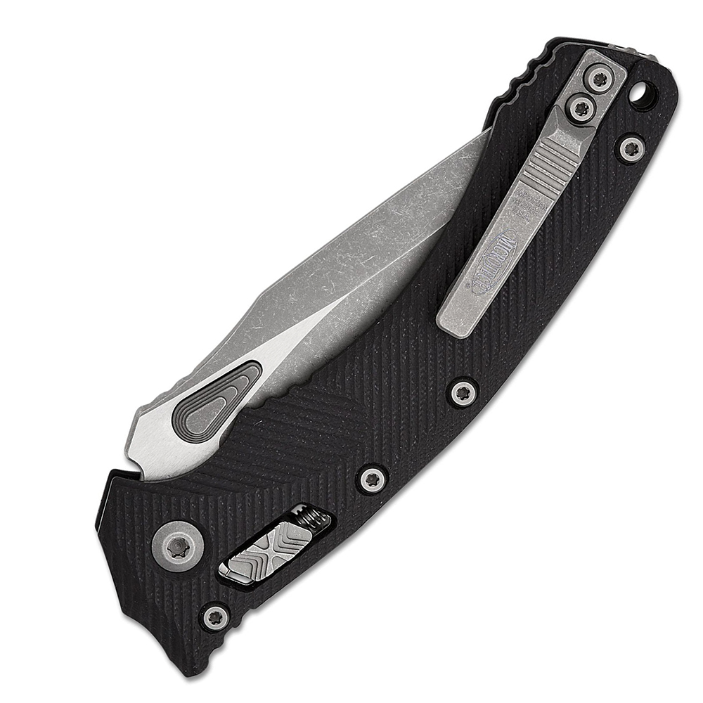 Microtech Amphibian RAM-LOK Manual Bohler M390MK Apocalyptic Clip Point Combo Black Fluted G10 AXIS/Crossbar Lock 137RL-11APFLGTBK 4