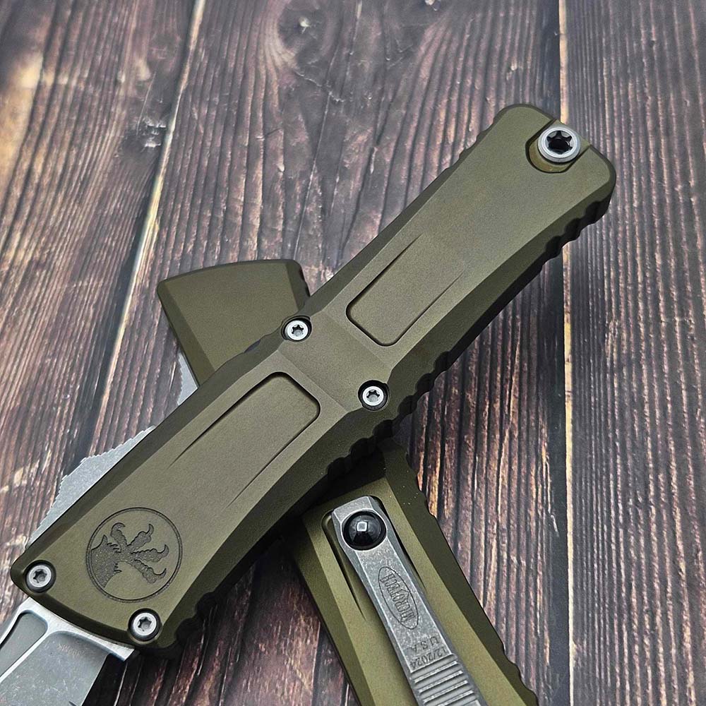 Microtech Combat Troodon Gen III AUTO OTF M390 Serrated Tanto Apocalyptic  OD Green Aluminum Handles 1144-12APOD 7