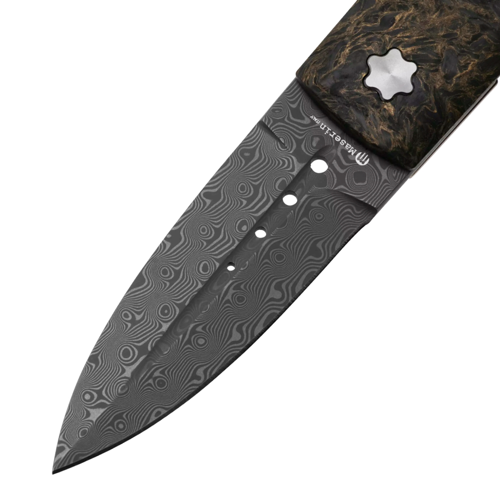 Maserin 372/DG Daga Flipper Damascus Small Roses Single-Edge Dagger Blade Rose Gold/Black FatCarbon and Titanium Handles 3