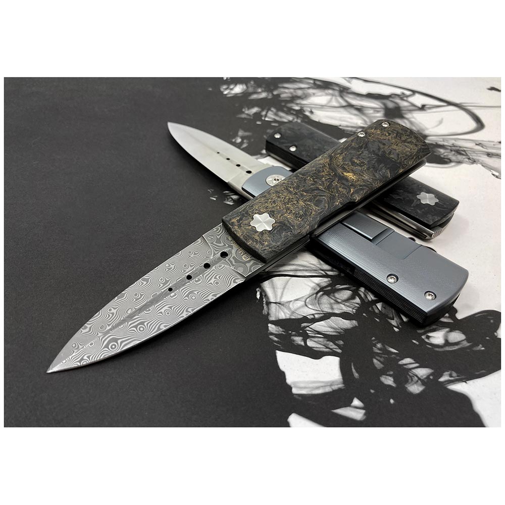 Maserin 372/DG Daga Flipper Damascus Small Roses Single-Edge Dagger Blade Rose Gold/Black FatCarbon and Titanium Handles 8