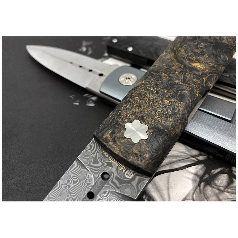 Maserin 372/DG Daga Flipper Damascus Small Roses Single-Edge Dagger Blade Rose Gold/Black FatCarbon and Titanium Handles 9