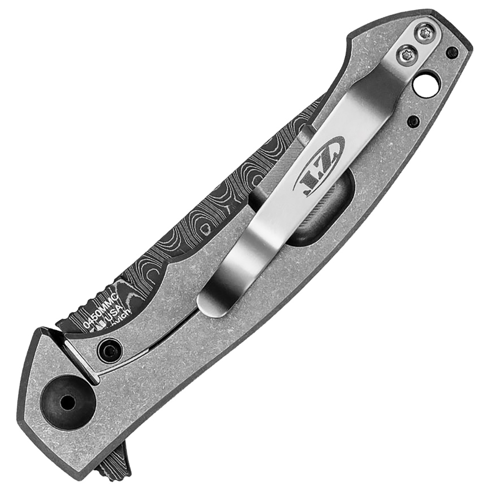 Zero Tolerance 0450MMC VF Stainless Damascus Blade Blue/White Multi Marbled Carbon Fiber and Titanium  2