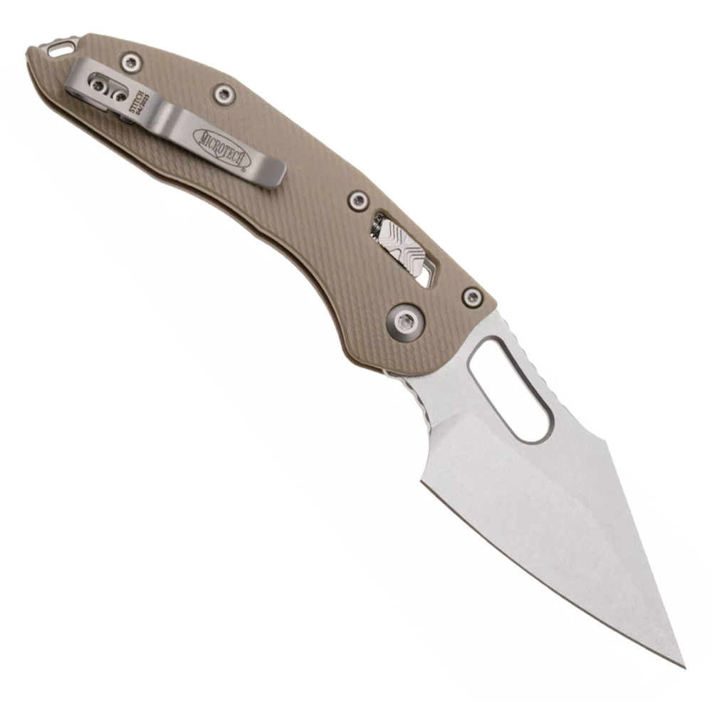 Microtech Stitch RAM-LOK Manual Folding Knife Bohler M390MK Apocalyptic Spear Point Plain Blade Tan Fluted G10 169RL-10APFLGTTA 2