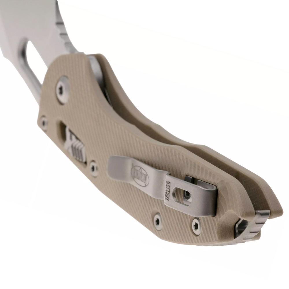 Microtech Stitch RAM-LOK Manual Folding Knife Bohler M390MK Apocalyptic Spear Point Plain Blade Tan Fluted G10 169RL-10APFLGTTA 4