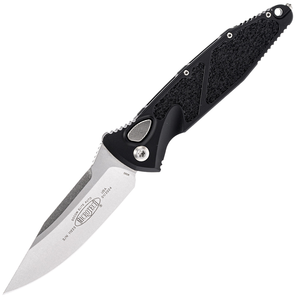 Microtech 160A-10 Socom Elite Auto Stonewashed Clip Point Plain Blade Black Aluminum Handles 1