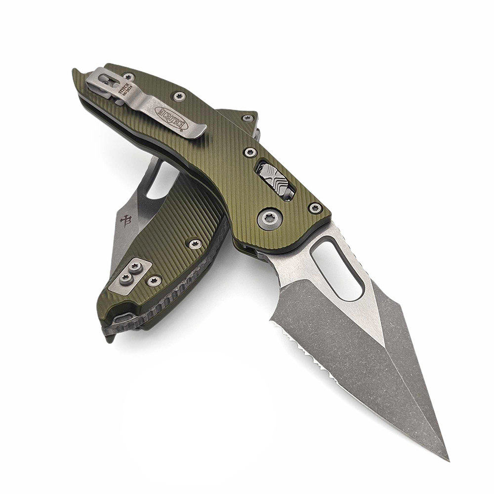 Microtech Stitch RAM-LOK Manual Folding Bohler M390MK Apocalyptic Spear Point Combo OD Green Fluted Aluminum 169RL-11APFLOD 7
