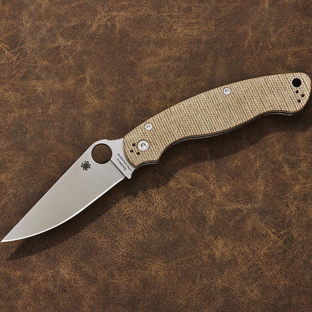 Spyderco Military 2 Compression Lock Cru-Wear Satin Plain Brown Canvas Micarta C36MPCW2 6