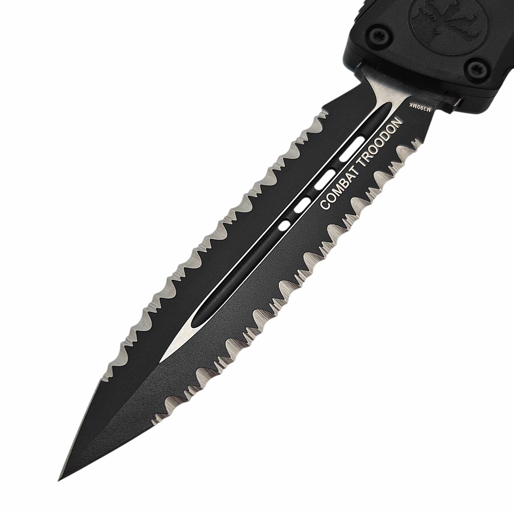 Microtech Combat Troodon Gen III AUTO OTF M390MK Black Double Edge Double Full Serrated Dager Black Aluminum Handles 1142-D3T 5