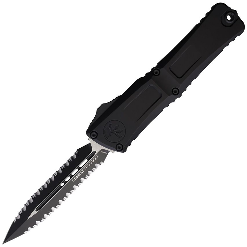 Microtech Combat Troodon Gen III AUTO OTF M390MK Black Double Edge Double Full Serrated Dager Black Aluminum Handles 1142-D3T 1